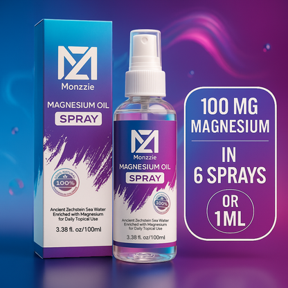 Monzzie Pure Magnesium Oil Spray, 100% Natural & Paraben-Free Magnesium for Sleep, Muscle Recovery & Foot Care, Safe, Effective, Non-GMO, Vegan & Gluten-Free Magnesium Spray Supplement, 100ml, Topical Use