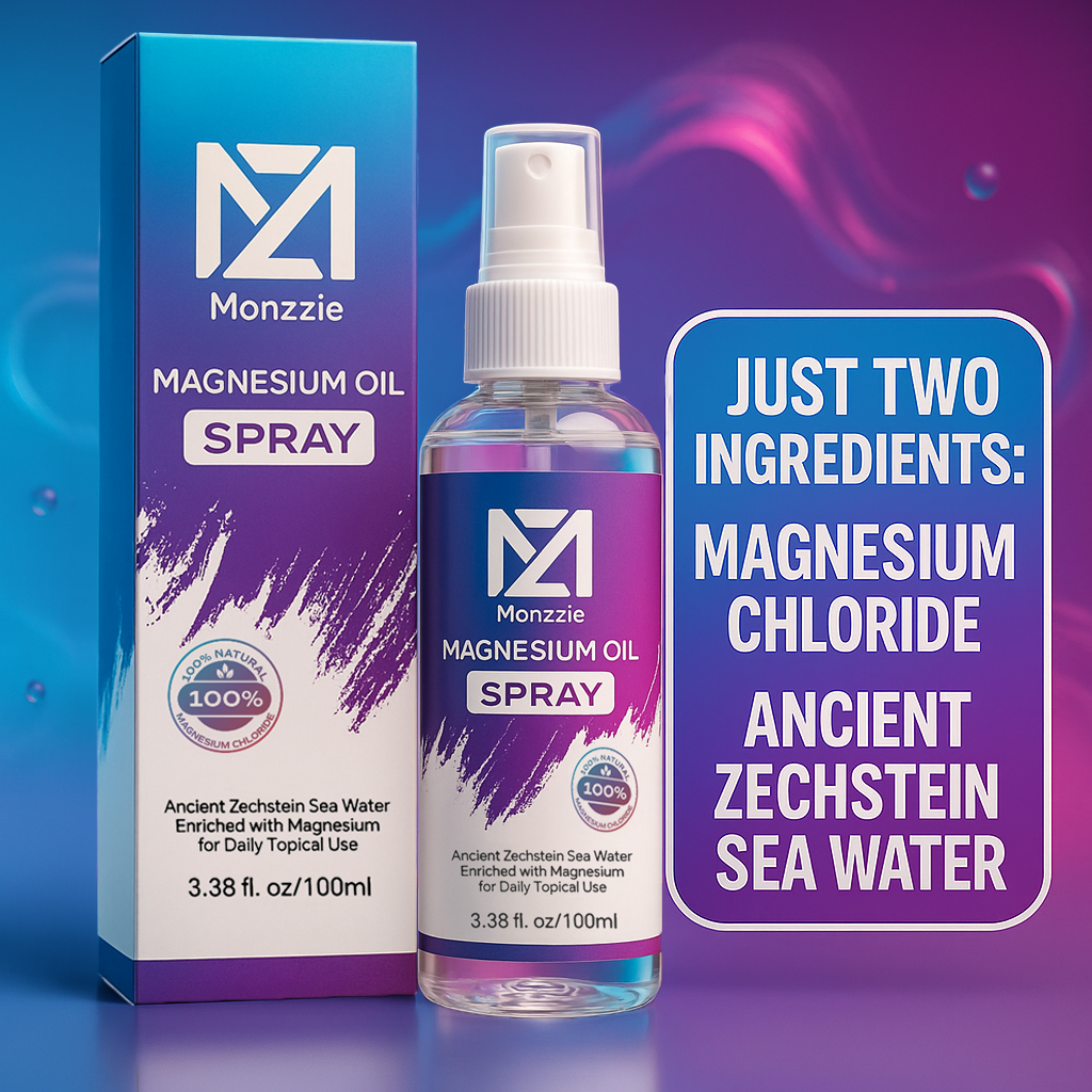 Monzzie Pure Magnesium Oil Spray, 100% Natural & Paraben-Free Magnesium for Sleep, Muscle Recovery & Foot Care, Safe, Effective, Non-GMO, Vegan & Gluten-Free Magnesium Spray Supplement, 100ml, Topical Use