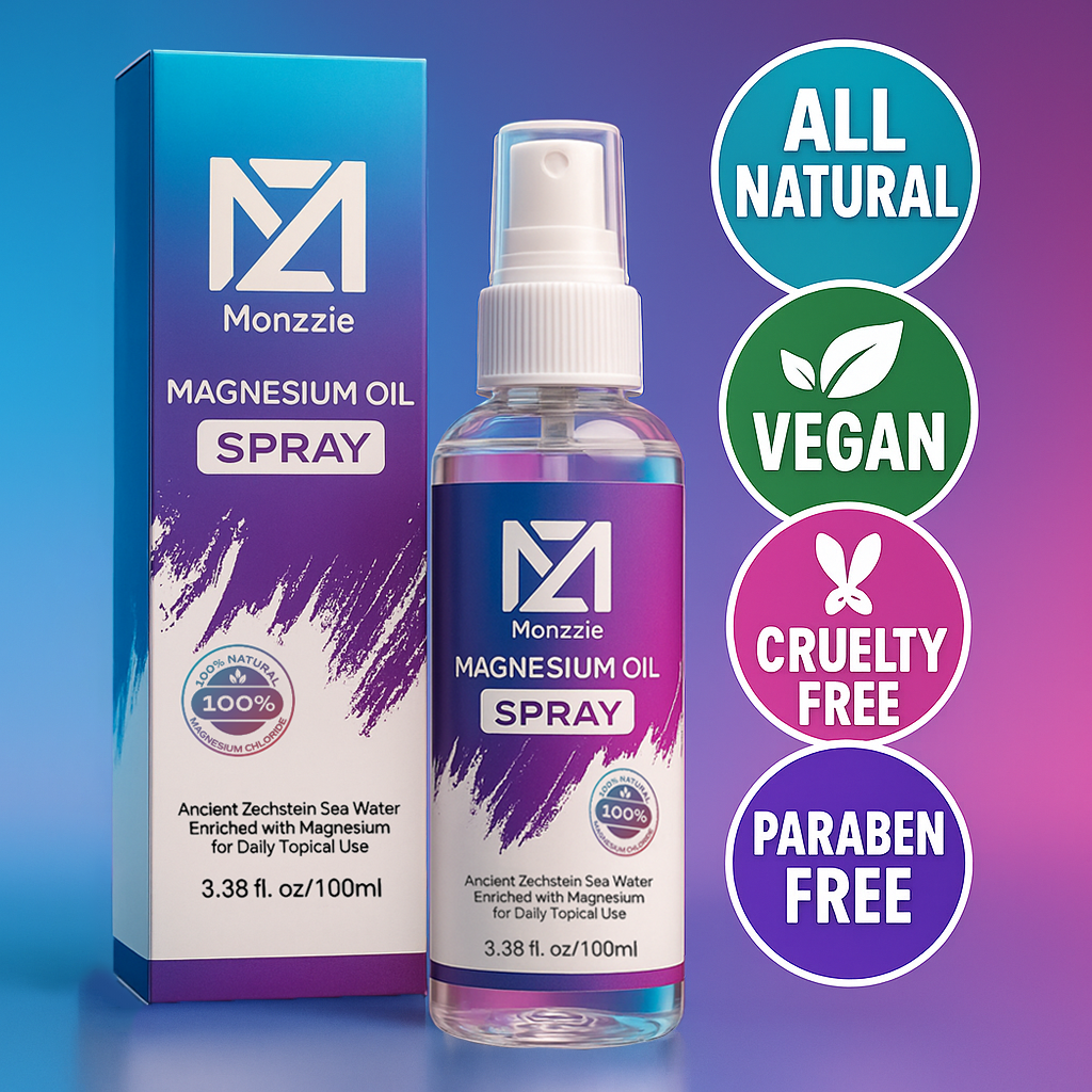 Monzzie Pure Magnesium Oil Spray, 100% Natural & Paraben-Free Magnesium for Sleep, Muscle Recovery & Foot Care, Safe, Effective, Non-GMO, Vegan & Gluten-Free Magnesium Spray Supplement, 100ml, Topical Use