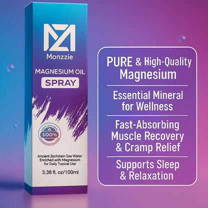 Monzzie Pure Magnesium Oil Spray, 100% Natural & Paraben-Free Magnesium for Sleep, Muscle Recovery & Foot Care, Safe, Effective, Non-GMO, Vegan & Gluten-Free Magnesium Spray Supplement, 100ml, Topical Use